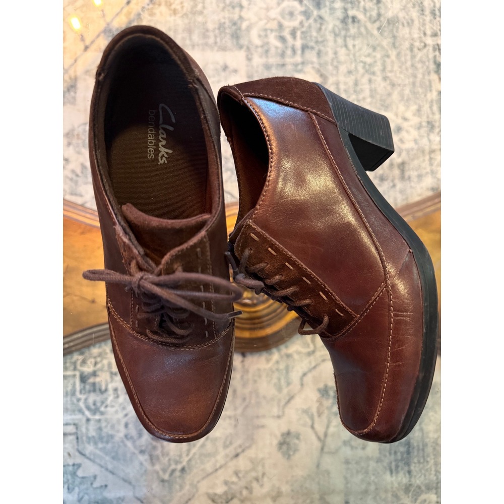 Clarks Bendables Brown Leather Suede Lace Up Heeled Oxfords 37570 8M
